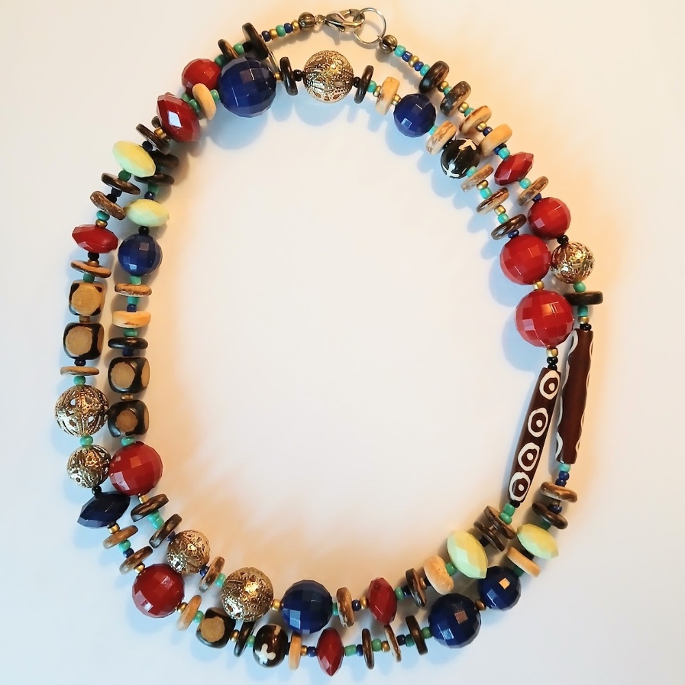 Kenneth Fron long necklace metal, wood, multicolor beads 35 inches long